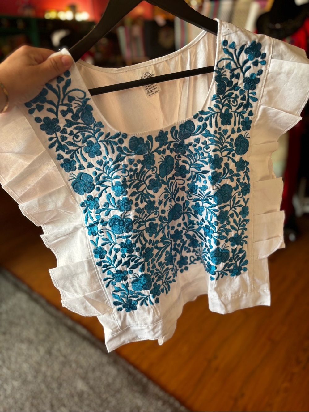 White Blouse with Teal Floral Embroidery Detail